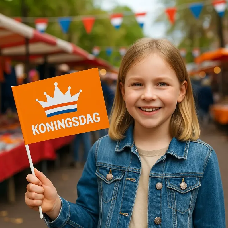 Meisje met een oranje bedrukt zwaaivlaggetje voor Koningsdag op een markt