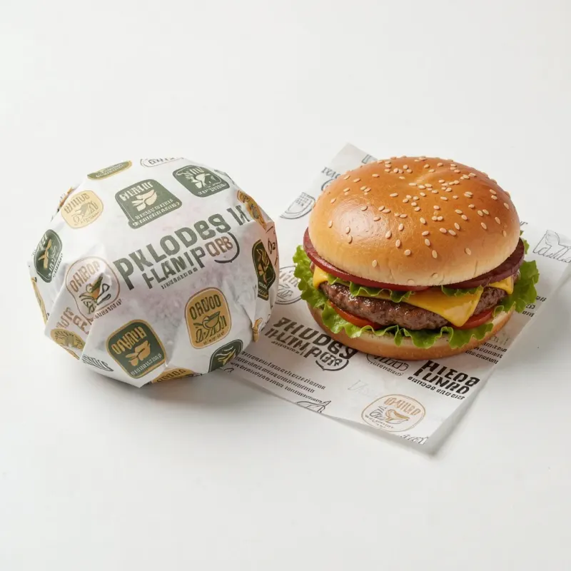 Hamburger ingepakt in bedrukt hamburgerpapier, naast een burger op een los bedrukt vel