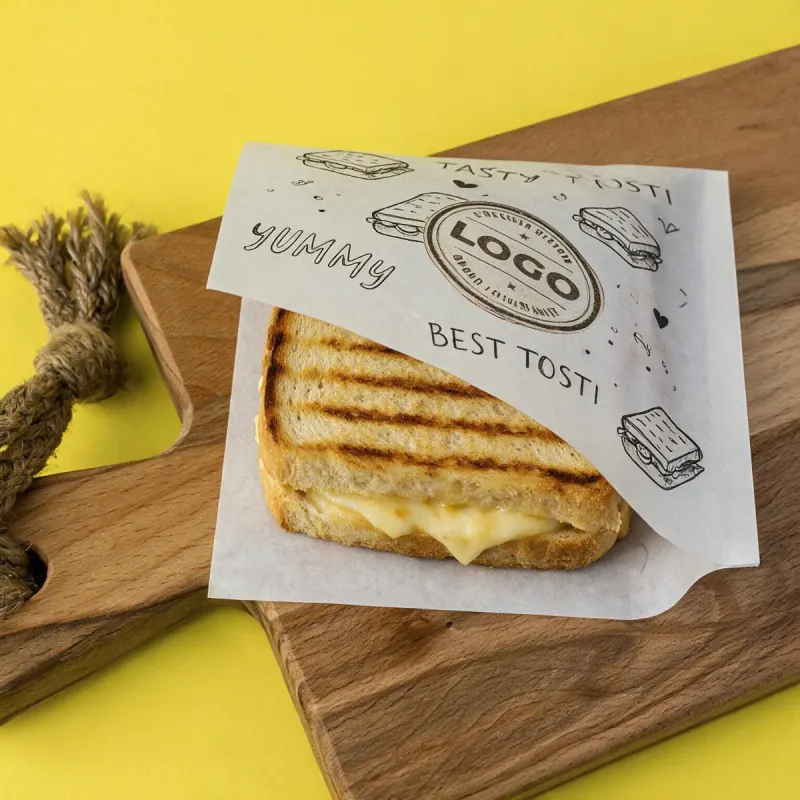 Tosti in een bedrukt tostizakje met eigen logo op een houten plank
