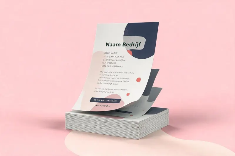 Stapel in full colour bedrukte flyers met een losse flyer rechtop ervoor
