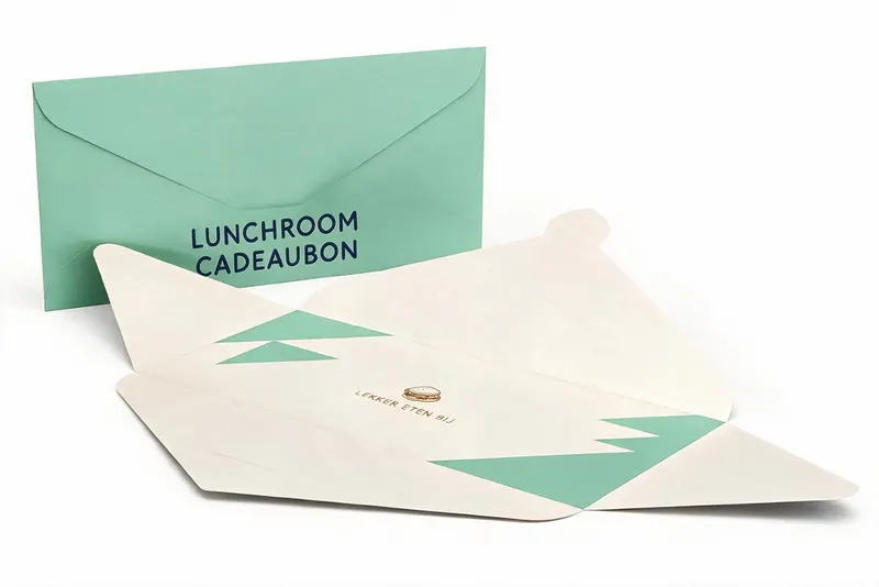 Bedrukte cadeaubon voor een lunchroom met bijpassende groene envelop