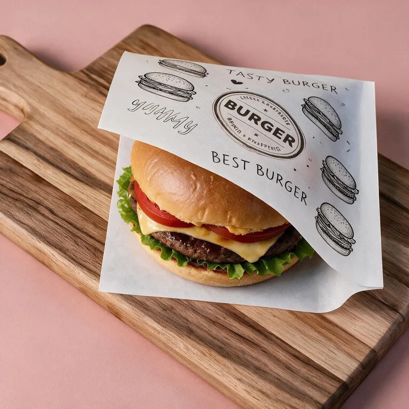 Hamburger in een bedrukt hamburgerzakje op een houten snijplank