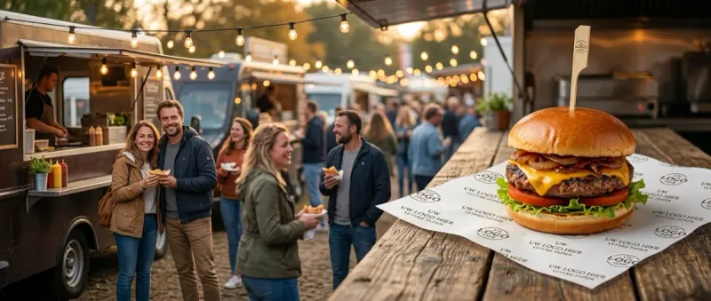 Bedrukt vetvrijpapier met een herhaald logo onder een hamburger op een foodtruckfestival