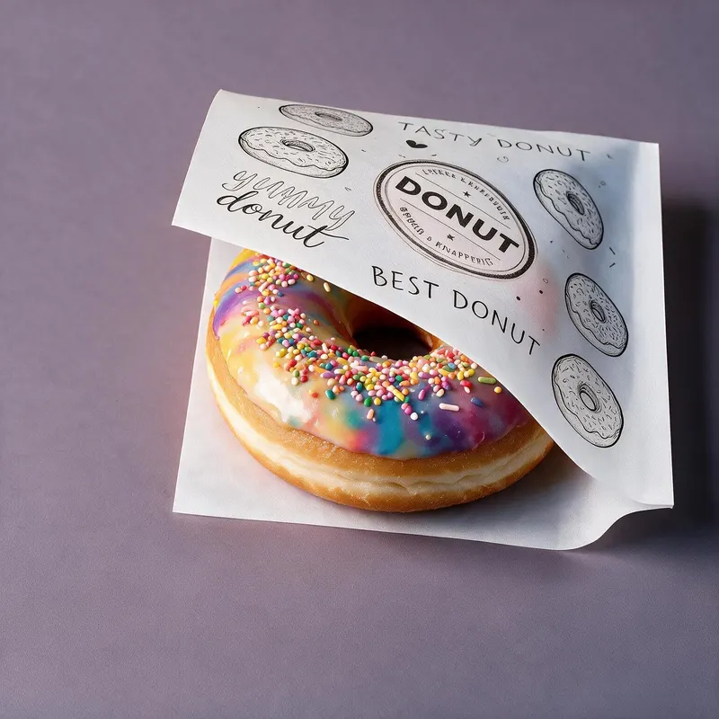 Donut met glazuur en sprinkels in een bedrukt donutzakje