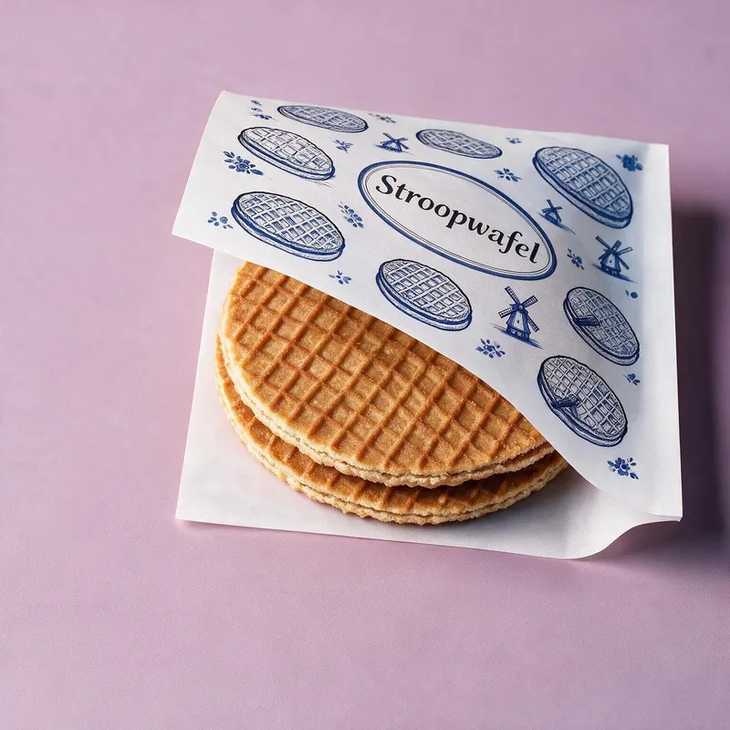 Twee stroopwafels in een bedrukt stroopwafelzakje met Delfts blauwe molens