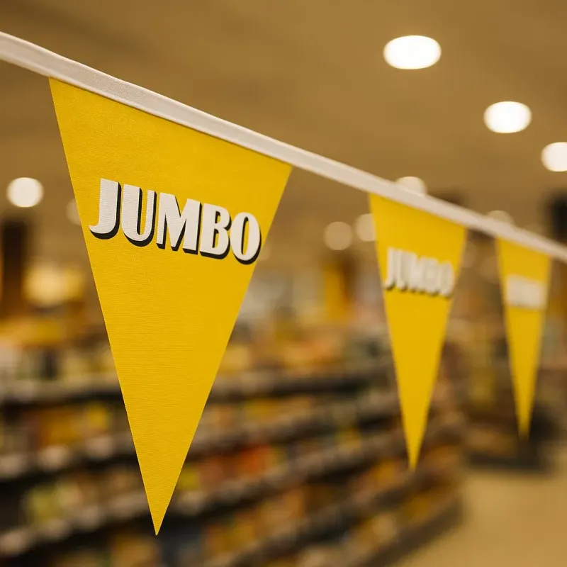 Gele bedrukte wimpels aan een wimpellijn in een supermarktgang