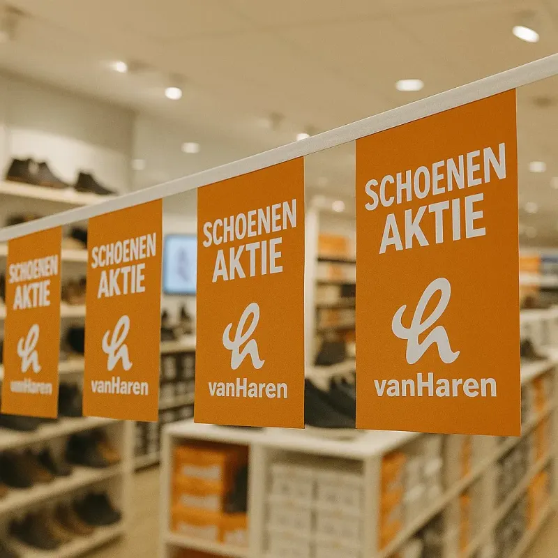 Oranje bedrukte reclamevlaggetjes aan een vlaggenlijn in een schoenenwinkel